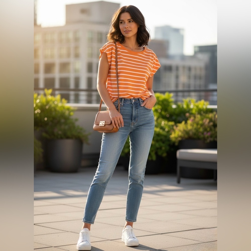 Lauren Ralph Lauren Orange and White Striped Button Detail Shoulder Shirt size M